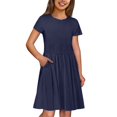 thumbnail image 1 of Robe Décontractée Unie à Col Rond et Manches Courtes pour Filles avec Poche - Confortable pour 3 à 12 Ans, Tenue Polyvalente Printemps/été, 1 of 7