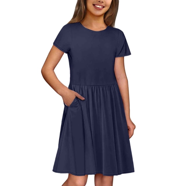 Robe Décontractée Unie à Col Rond et Manches Courtes pour Filles avec Poche - Confortable pour 3 à 12 Ans, Tenue Polyvalente Printemps/été