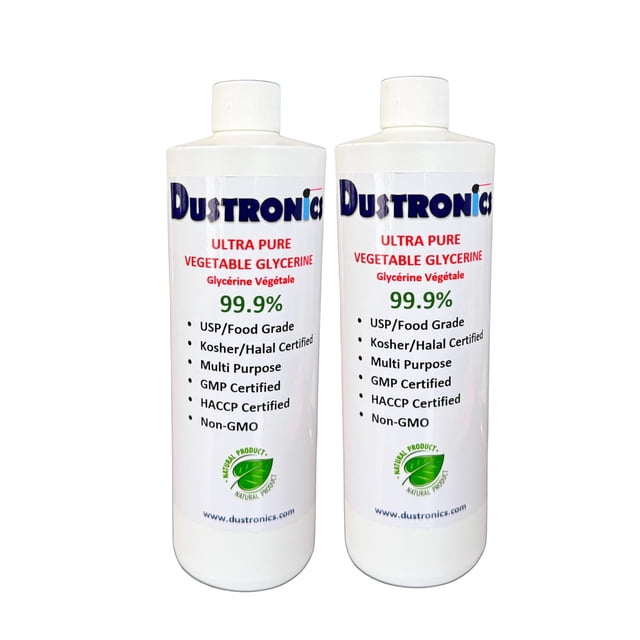 DUSTRONICS ULTRA PURE VEGETABLE GLYCERIN 99.9% USP FOOD GRADE, 500ML, 2 PACK centered front-facing view of two clear 500 ml bottles with white safety-seal locking caps, filled with colorless transparent liquid; labels show DUSTRONICS and 99.9% concentration, packed on a plain white background; food-grade pharmaceutical-grade glycerin suitable for use as a carrier in DIY cosmetic formulations.