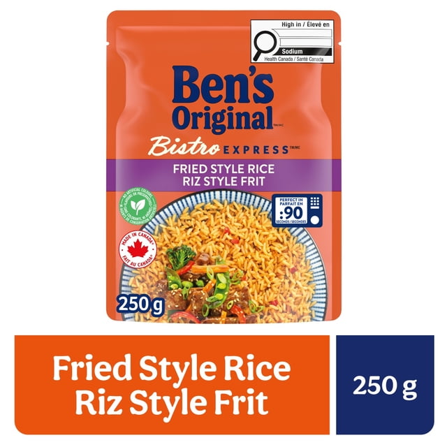 BEN'S ORIGINAL BISTRO EXPRESS Fried Rice Side Dish, 250g Pouch front-facing microwavable pouch with brand name and 250g weight; long-grain parboiled rice seasoned with tomato, onion and garlic, BPA-free microwavable pouch, ready in 90 seconds, contains no artificial colours, flavours or preservatives; suitable as a quick side or base for stir-fries or for tossing with egg.