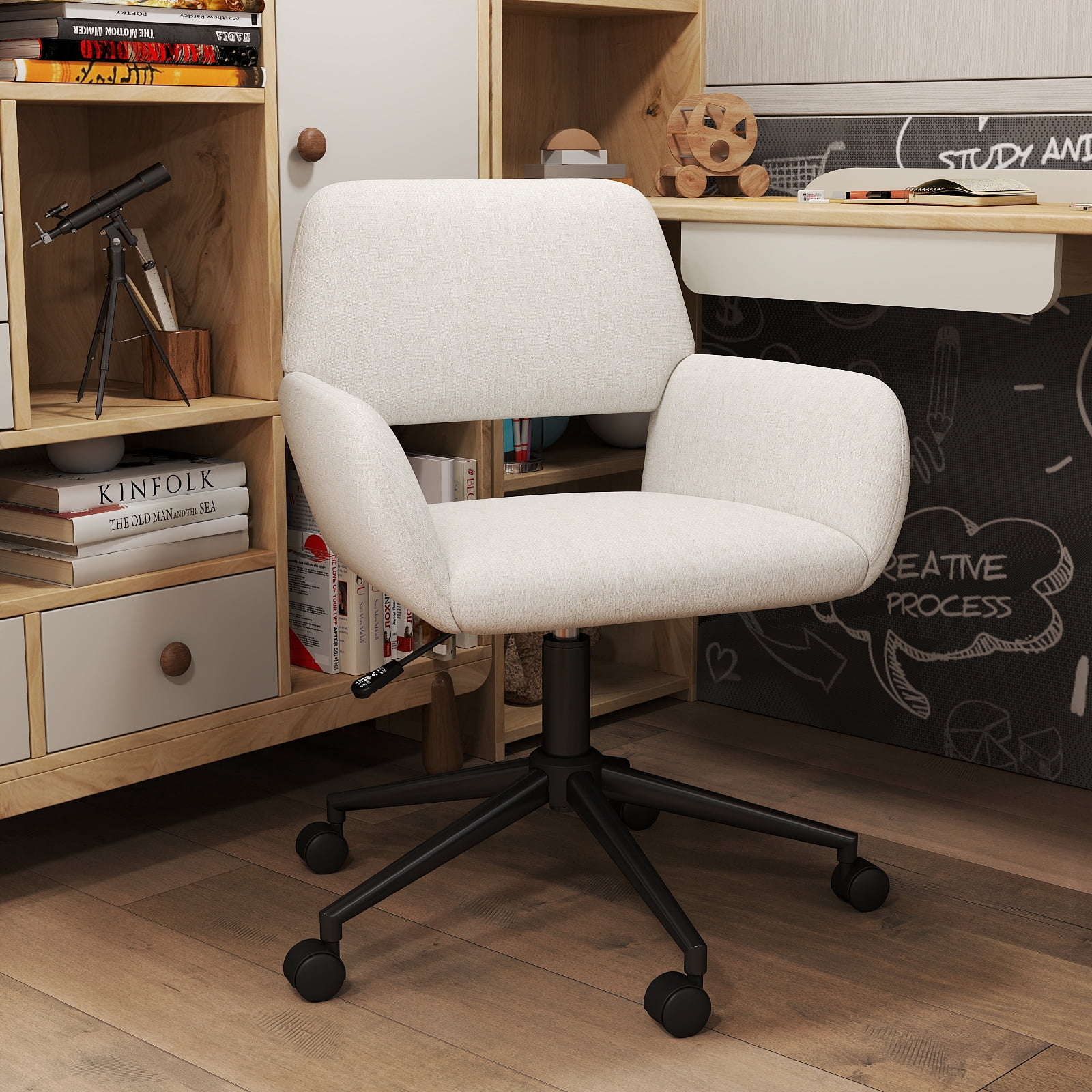Fauteuil d'appoint pivotant et réglable Homy Casa moderne avec pieds croisés, ergonomique et rotatif à 360 degrés, rembourré, en chenille beige