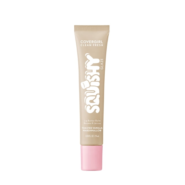 COVERGIRL Clean Fresh Squishy Glaze Lip Butter Balm in Toasted Vanilla Marshmallow, 15ml tube with beige body and pink cap, featuring bold white text. This hydrating, nourishing tinted lip gloss delivers up to 9 hours of moisture and a plump, smooth finish, suitable for daily lip care.