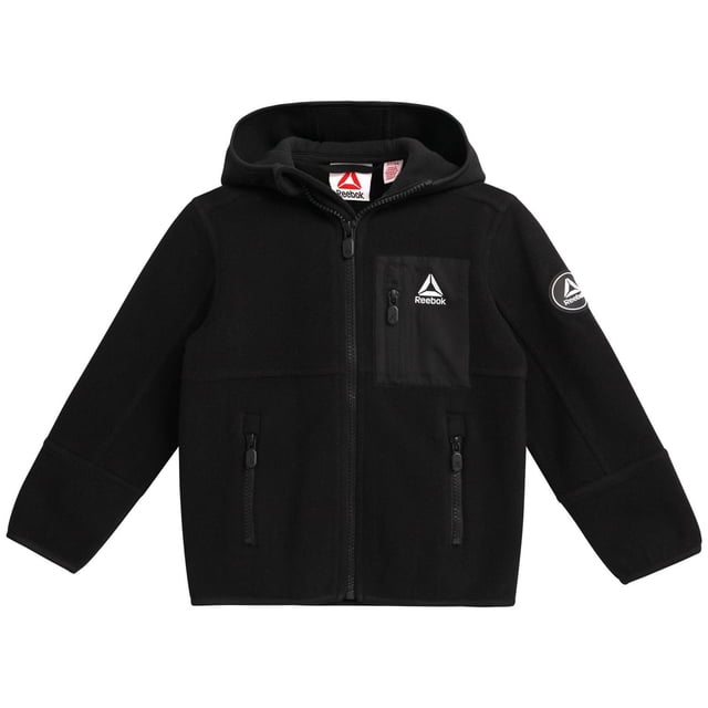 Reebok Veste Légère en Molleton Polaire avec Poche Poitrine Zippée Noire, Dotée d'Une Fermeture Éclair Complète à l'Avant, d'Une Poche Poitrine Zippée avec logo Reebok Blanc, de Deux Poches Latérales Zippées, et d'Une Capuche, d'Un Ourlet et de Poignets Liés en lycra pour la Chaleur et la Mobilité des Tout-Petits.