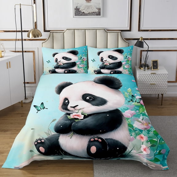 YST Panda Ensemble de Couvre-Lit à Motif de Fleurs, Ensemble de Courtepointe 3D Mignon Dessin Animé Panda Motif d'Animal Mignon, Ensemble de Literie Imprimé Aquarelle Décor Papillon Très Grand 3 Pcs