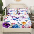 thumbnail image 2 of Purple Butterflies Fitted Sheet Full Size,Country Rustic Style Bed Sheet Spring Blooming Flower Bedding Set for Kids Adults Soft Polyester Deep Pocket Sheet 3Pcs,No Top Flat Sheet, 2 of 5