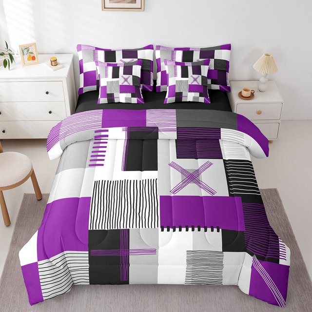 Erosebridal Geometric Stripe Bedding Sets Twin Size,Rectangle Lines Comforter Sets with Sheets,Patchwork Decor,Reversible,7pcs