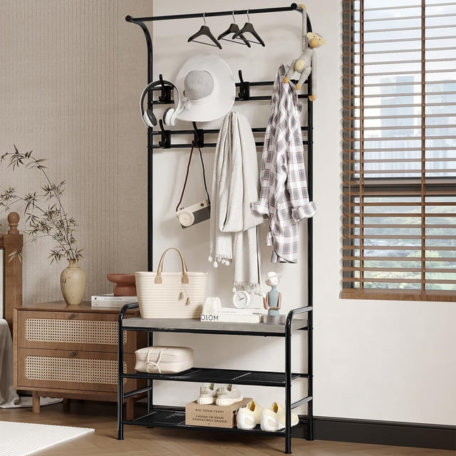 Bingirl 70.9-Inch Tall Narrow Metal Coat Rack with Wooden Shoe Bench - 4-in-1 Rustic Gray Storage Shelf Equipped with 8 Hooks