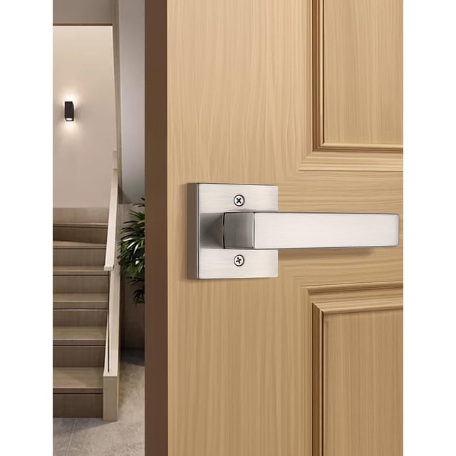 Brushed Nickel Door Handle Interior Privacy Door Lock Bed and Bath Door Lock with Square Rose Modern Keyless Door Lock Handle Reversible for Left & Right