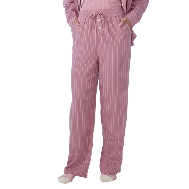 Secret Sleep Flannelette Pinstripe Pants in muted pink with white vertical pinstripes, crafted from a soft cotton-viscose blend with elastic waistband, drawstring, and side pockets, offering a relaxed fit ideal for cozy nights and casual loungewear.