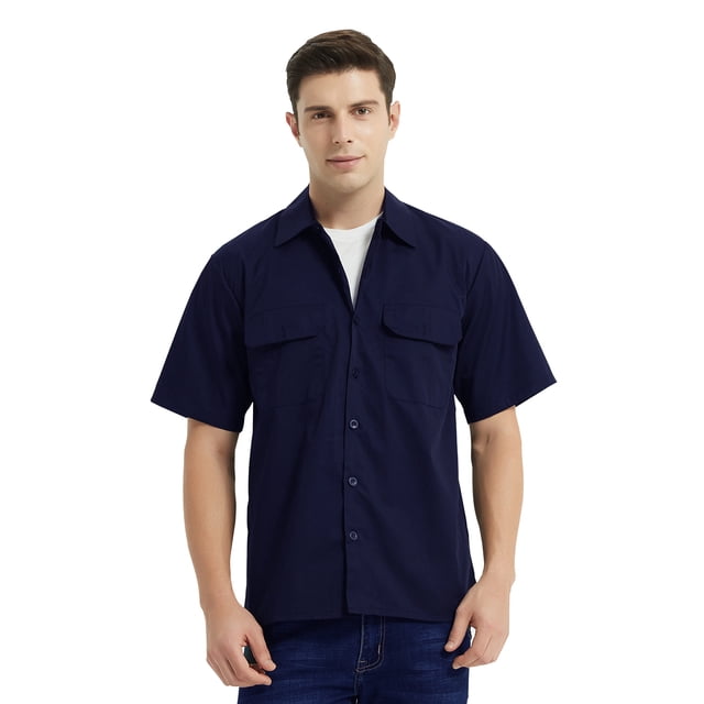 TOPTIE Short-Sleeve Work Shirt Straight Collar Utility Uniform Stain and Wrinkle Resistant-Navy-L