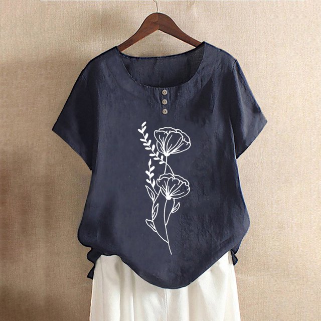 Blouses pour Femmes, Mode Blouses Imprimées Décontractées pour Femmes Chemises à Boutons Manches Courtes Col Rond Hauts