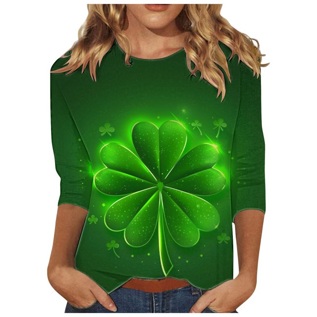 Diufon T-Shirts de la Saint-Patrick pour Femmes, Grande Taille, Imprimé Trèfle, Manches 3/4, Col Rond