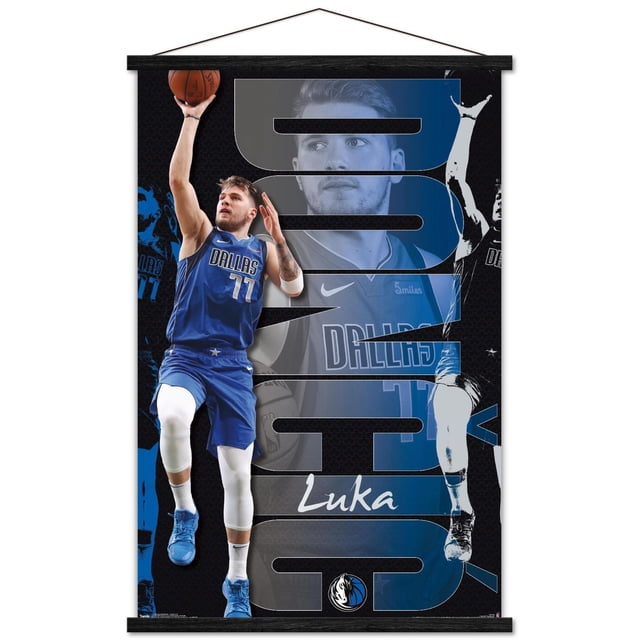 NBA Dallas Mavericks - Luka Doncic 19 Wall Poster, 22.375" x 34" depicting Luka Doncic in a blue Dallas Mavericks jersey number 77, mid-air shooting a basketball against a black and blue background with large stylized 'DONCIC' text and the Dallas Mavericks logo at the bottom, ideal for sports-themed room decor.