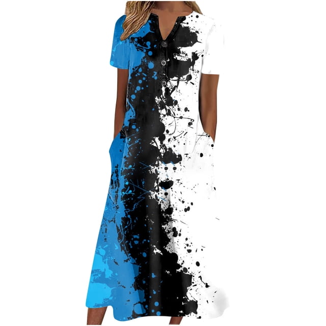 Cameland Robe d'Été pour Femme Décontractée à Col en V avec Boutons, Manches Courtes, Imprimée, Coupe Évasée, avec Poche