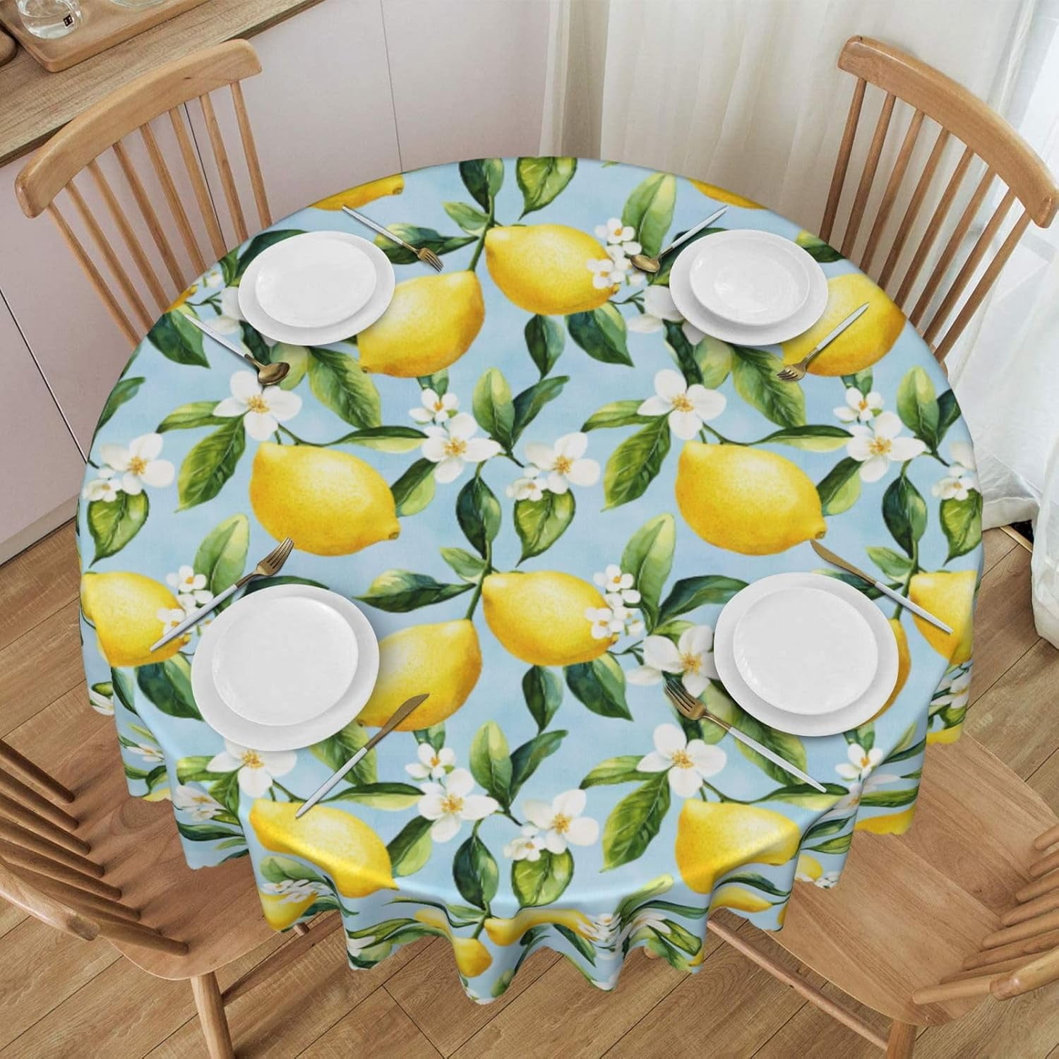 Round Tablecloth Lemon Watercolor Flower 60 Inch Table Cover for Dining Polyester Cloth with Scalloped Edges Stain Resistance Kitchen Picnic Party Restaurant Decoration