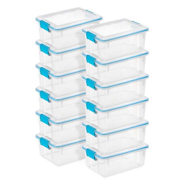 Sterilite 12 Qt Plastic Storage Bin Container Gasket Sealed Box, (12 Pack) with clear bases and lids, blue latches, and a stackable design. Ideal for home organization, these bins feature gasket-sealed lids to protect contents from dust, moisture, and pests, and are suitable for storing keepsakes, crafts, or office supplies.
