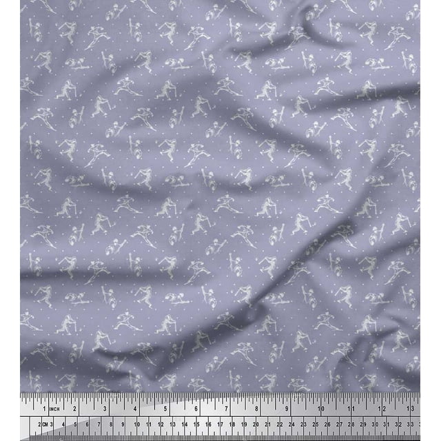 Soimoi Polyester Crepe Fabric Dot,Cricket Player & Bat Sports Print Fabric by The Yard 42 Inch Wide