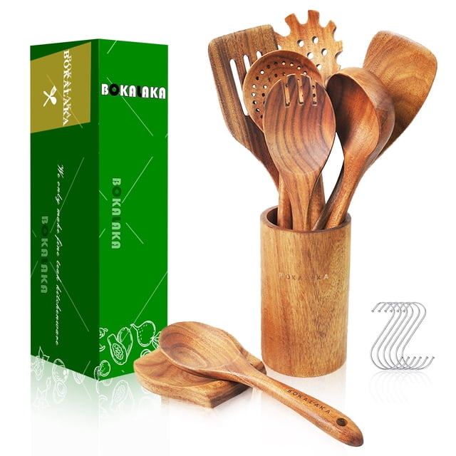 9-piece wooden kitchen utensil set by BOKALAKA, featuring natural teakwood construction with a smooth finish. Includes a variety of utensils such as a slotted spatula, soup ladle, pasta server, strainer spoon, salad fork, and mixing spoon. Comes with a matching wooden holder, spoon rest, and metal hooks for hanging. Designed for non-stick cookware, heat-resistant, and easy to clean. The set is displayed with the utensils neatly arranged in the holder, alongside the packaging and hooks.