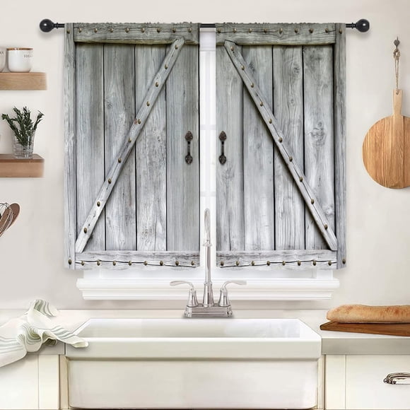 ORUYROP Rustic Barn Door Kitchen Curtains Retro Farmhouse Grey White Wooden Wood Plank Country Western Rod Pocket Vintage Metal Texture Bedroom Living Room Treatment Fabric 2 Panels 27.5Wx39H