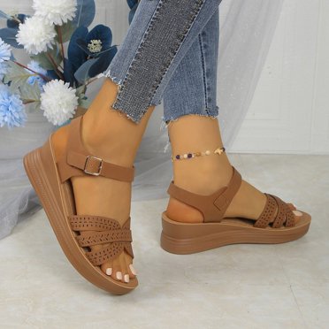 Mlkoz Beach Sandals, Women's Fashion Casual Spring And Summer Comfortable New Solid Color Round Toe Open Toe One-Line Buckle Wedge Heel Thick-Soled Sandals, Women Gifts