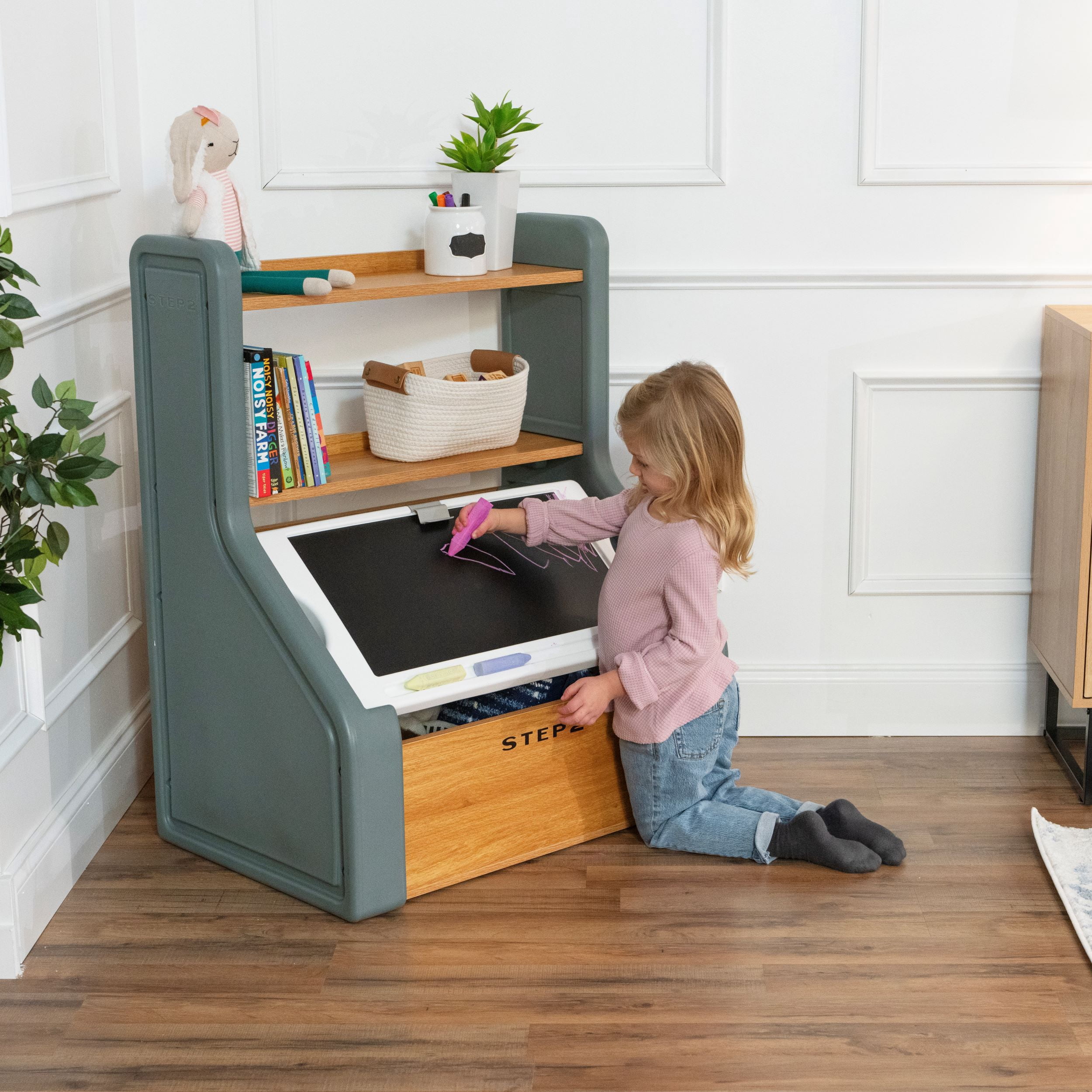 Step2 Harmony – Coffre à jouets avec couvercle-tableau, organisateur de jouets pour tout-petits et enfants (dès 2 ans) – Gris sauge