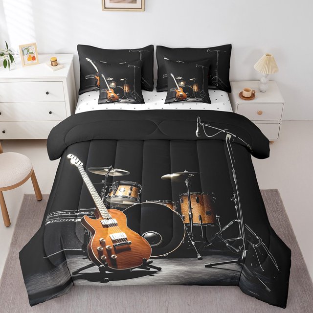Erosebridal 3D Guitar Bedding Sets Twin Size, Pop Music Comforter Sets with Sheets, Musical Instrument Decor, 7pcs