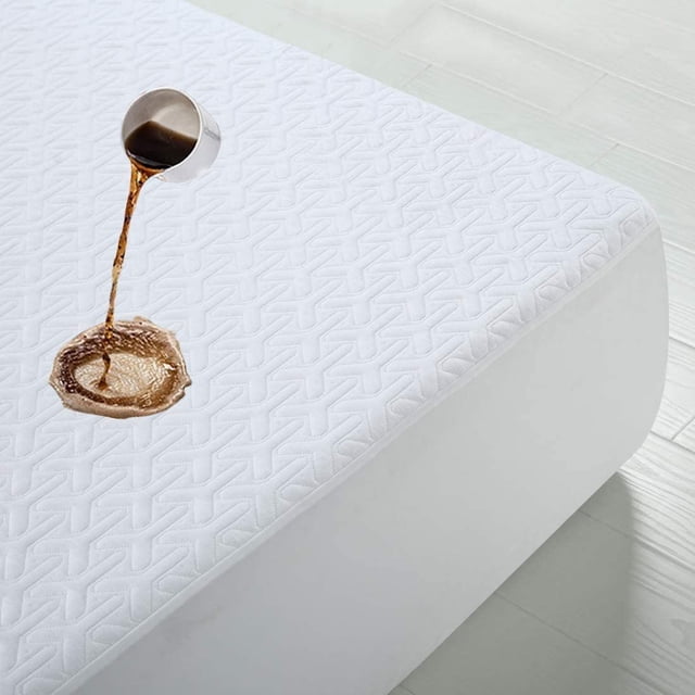 100% Waterproof Breathable Bamboo Fabric Mattress Protector in King size, featuring a white quilted surface with a liquid-resistant design. The image shows a liquid being poured onto the protector, demonstrating its waterproof capabilities. The fitted sheet style accommodates mattresses up to 21 inches deep, ensuring a secure fit. Made with 35% bamboo fabric and 65% polyester, it offers breathability and comfort while protecting against allergens, bacteria, and spills. Suitable for memory foam, latex, or spring mattresses.