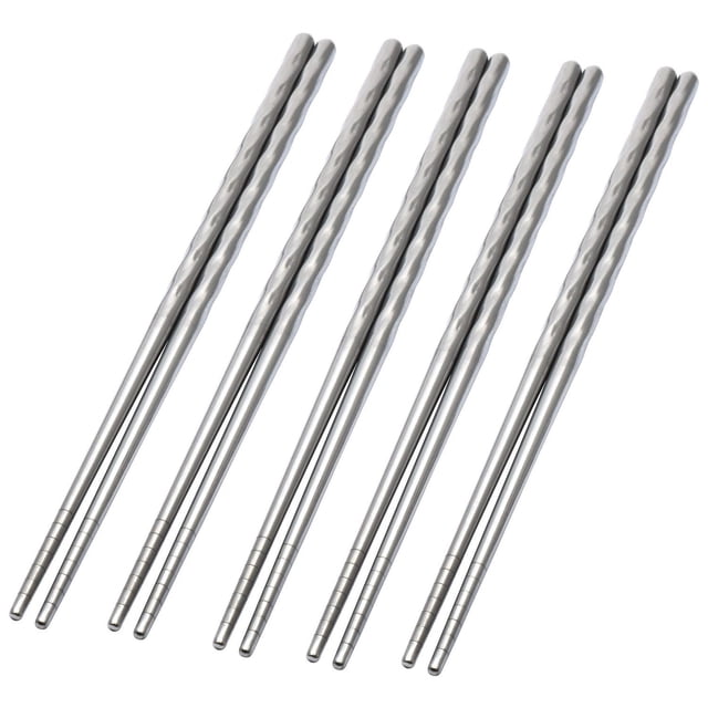 Mainstays 5 Pairs Stainless Steel Chopsticks, each 9.17 inches long, featuring a twisted textured grip on the upper half and smooth polished tips, arranged front-facing for dining and entertaining use in flatware and cutlery.
