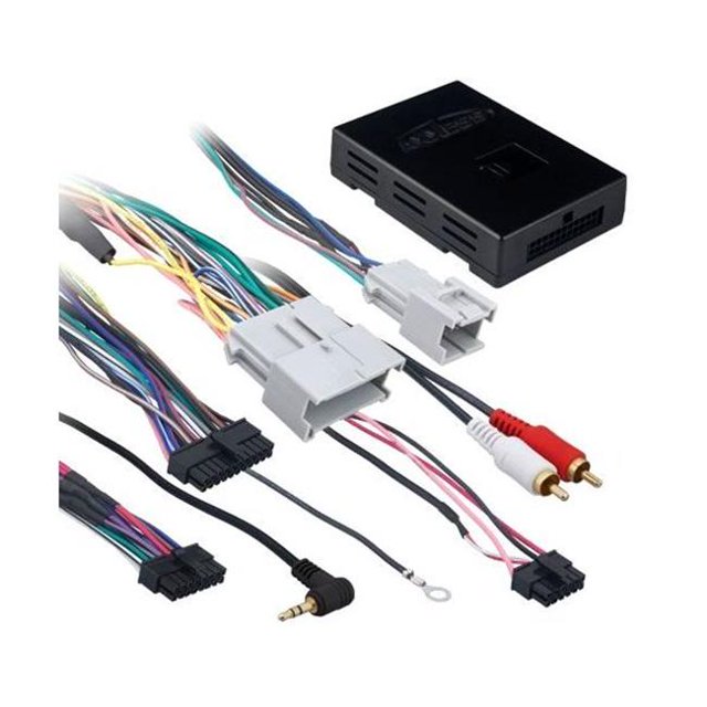 Axxess AXGM-014 OnStar & RSE Retention Interface for 2000-2013 GMC Class 2, 2003-2006 Cadillac Escalade, and 2003-2006 Chevy Avalanche. The image shows a multicolour wiring harness with various connectors, including RCA plugs, a 3.5mm jack, and a black module. Designed to retain OnStar, OE Bluetooth, factory rear seat entertainment, and satellite radio functionality. Compatible with amplified and non-amplified systems.