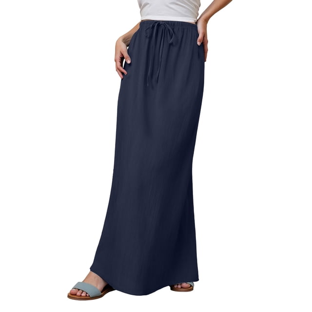 GPOECD Linen Maxi Skirts For Women Summer Comfortable Drawstring Waist A Line Boho Long Flowy Skirt
