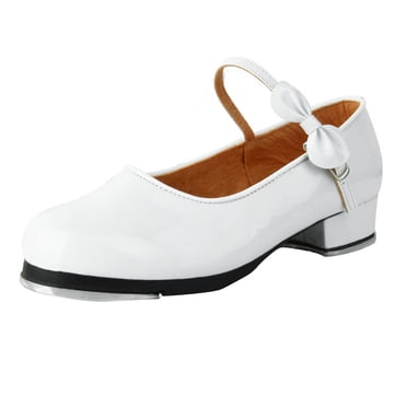 Wdgfv Girls Tap Dance Shoes PU Leather Easy Strap Design for Toddler Little and Big Kid White 9-9.5 Years