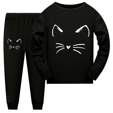 Hiiyo Toddler Boy's Cartoon Cat Print Long Sleeve Top and Pants Pajamas Cozy Homewear Sleepwear Sets