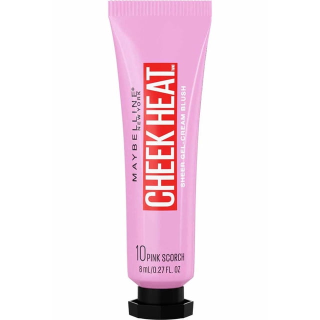 Maybelline New York Cheek Heat Sheer Gel-Cream Blush in 10 Pink Scorch, 8 ml tube with pink soft plastic packaging and black hexagonal cap, oil-free gel formula for buildable natural cheek color and dewy finish, suitable for creating a fresh makeup look.