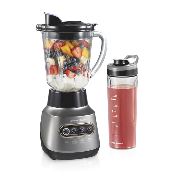 Hamilton Beach Wave Action Blender for Smoothies, Stainless Steel Ice Sabre Blades, 40oz Glass Jar, 20oz Blend-In Portable Travel Jar, 800 Watts, Qui