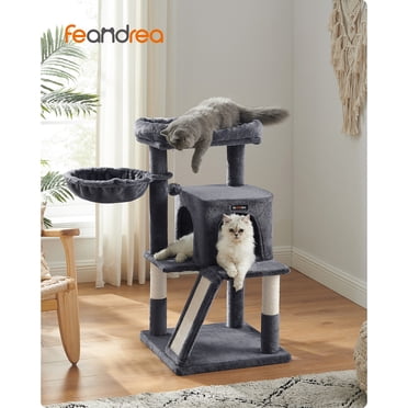 Feandrea Cat Tree, Small Cat Tower with Widened Perch for Large Cats Indoor, Kittens, 37.8-inch Multi-Level Condo, Scratching Posts and Ramp, 2-Door Cat Cave, Cat Basket, Smoky Gray