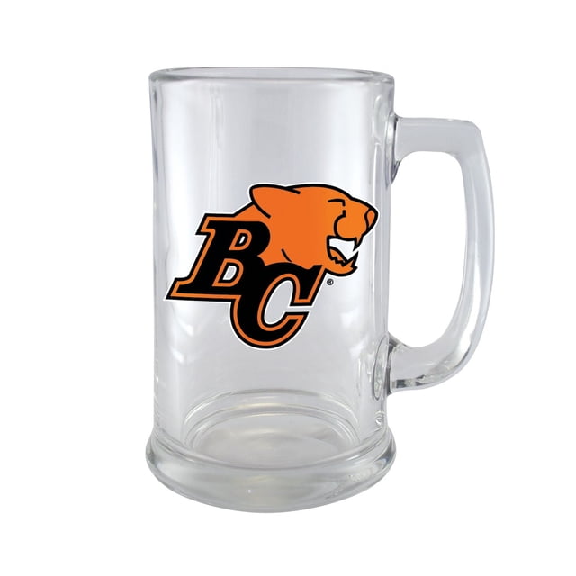 OFFICIALLY LICENCED CFL 15OZ BEER STEIN BC LIONS clear glass beer stein with a thick solid base and easy-grip handle, displaying the BC Lions logo in orange and black, ideal for cold beer, soda, or cocktails while showing CFL fan pride.