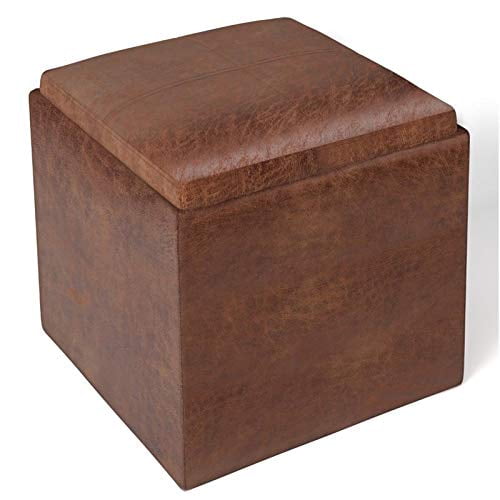 SIMPLIHOME Rockwood 17 inch Wide Square Cube Storage Ottoman with Tray in Distressed Saddle Brown Faux Leather, Footrest Stool, Coffee Table for the Living Room, Bedroom, and Kids Room, Contemporary