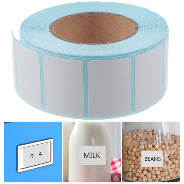 STRANDCHIC 3 rolls of address labels with white self-adhesive rectangular stickers on a blue backing. Ideal for shipping, mailing, and organizational tasks, these printable labels are durable and suitable for business and home use. Examples show labels applied to a container, milk bottle, and jar of beans.