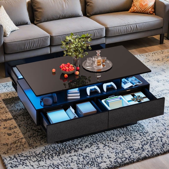 DEXTRUS Table Basse à Fini Noir Lustré avec DEL et 4 Tiroirs Coulissants de Rangement, Table Centrale avec Lumière Réglable, pour Salon