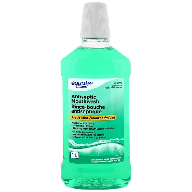 Equate Fresh Mint Antiseptic Mouthwash in a clear 1L plastic bottle with bright green liquid and a white child-resistant cap, formulated to kill germs causing bad breath, plaque, and early gum disease gingivitis, suitable for daily oral care.