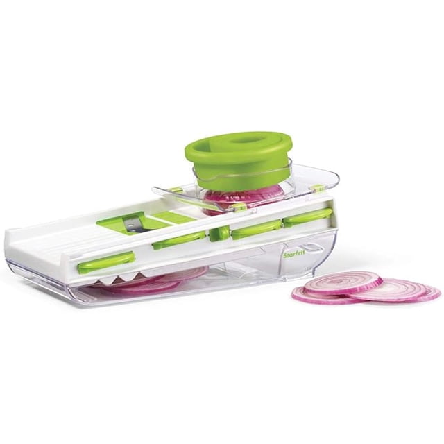 Starfrit Mandoline Facile Trancheuse et Coupe-dés, 5 Lames Interchangeables, Julienne, Râpe, Déchiqueteuse, Poussoir Auto-Alimentation avec Récipient Attrapeur