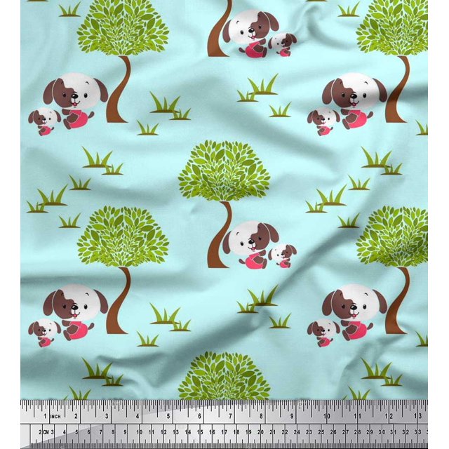 Soimoi Cotton Voile Fabric Tree & Dog Kids Printed Fabric 1 Yard 42 Inch Wide