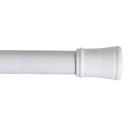 Mainstays Easy Up Adjustable Tension Shower Curtain Rod in white, close-up of the rod’s end cap with a smooth finish and tension mechanism for easy, tool-free installation in bathroom shower or closet spaces, suitable for adjustable shower curtain setups.
