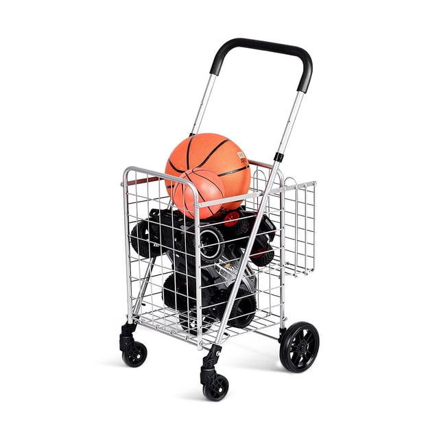 Costway Chariot de Magasinage Pliant Chariot Utilitaire Roulant avec Poignée Réglable en Argent. Présente une Conception à Deux Paniers avec un Grand Panier Principal et un Panier avant Plus Petit pour Articles Personnels. Fabriqué avec un Matériau en tube de Carbone durable, Comprend des Roues avant de 3 Pouces pour une rotation à 360 Degrés et des Roues Arrière en Mousse de 5,5 Pouces pour la Stabilité. la Poignée s'Ajuste de 35 à 37,5 Pouces pour le Confort de l'Utilisateur. Portant un basketball et un Camion Jouet.