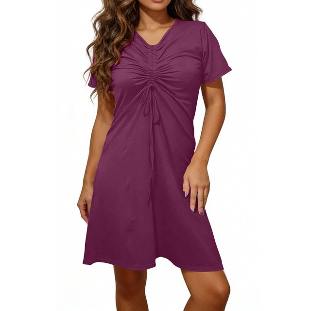 Mceream Robes d'Été pour Femmes Grande Taille Midi Froncées Robes Ajustables à Torsade devant Col en V 2026 Vacances Élégantes à Manches Courtes Boho Robe de Plage Bordeaux TG