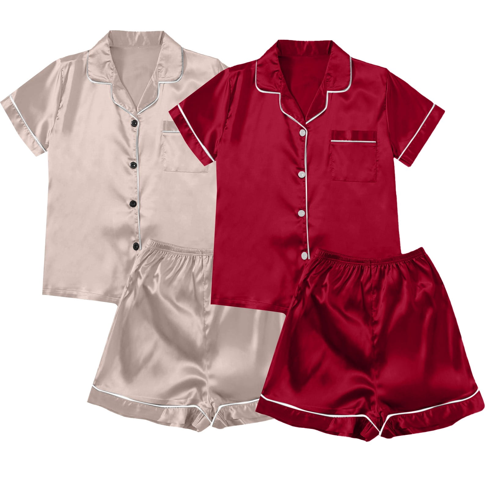 ZJXFGS Sleepwear for Women, Women Pajamas, Satin Pyjamas Women's Short 4 Piece Pyjamas Short Sleeve Sleepwear and Shorts Set Women Leisure Suit Loungewear, Short Pajama Set for Women Multi-color L