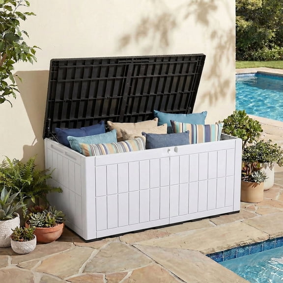 Dextrus Coffre de Terrasse en Résine de 134 Gallons, Grand, Noir et Blanc Grisâtre, Coffre de Rangement Extérieur Imperméable, Contenant de Patio Verrouillable avec Banc pour 2 Personnes pour Coussins, Outils de Jardin et Accessoires de Piscine