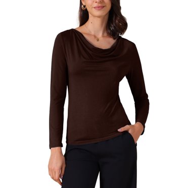 INSPIRE CHIC T-Shirt Ajusté à Manches Longues Col Bénitier pour Femmes TG Marron Café