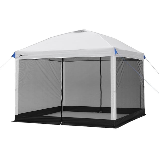 Ozark Trail 10 FT x 10 FT Straight Leg Canopy Mesh Curtain Accessory in gray with black mesh walls and two zippered doors, designed for easy one-person setup on a 10 by 10-foot straight leg canopy frame, providing 100 square feet of shade with UV 50+ protection and a mesh storage pocket, suitable for backyard parties, tailgates, or campouts.