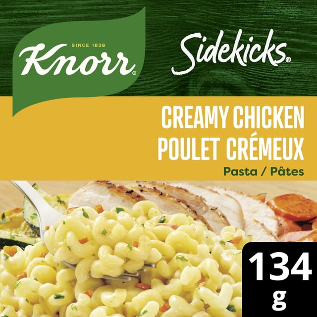 Knorr Sidekicks Creamy Chicken Fusilli Pasta Side Dish package showing creamy fusilli pasta with herbs and carrot pieces, served with sliced grilled chicken and vegetables, labelled 134 g, suitable for quick and easy pasta side meals.